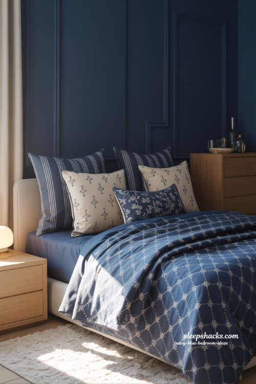 Navy Bedroom with Patterned Accents Cozy Stylish