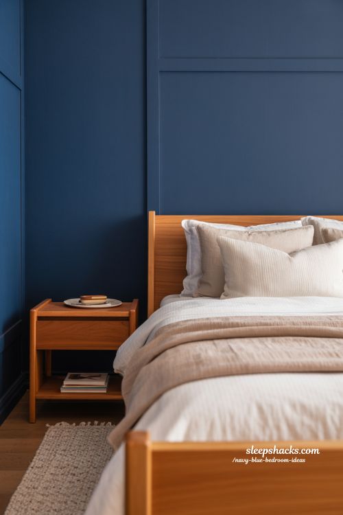 Navy Blue Bedroom with Warm Wood Elements Cozy Calm