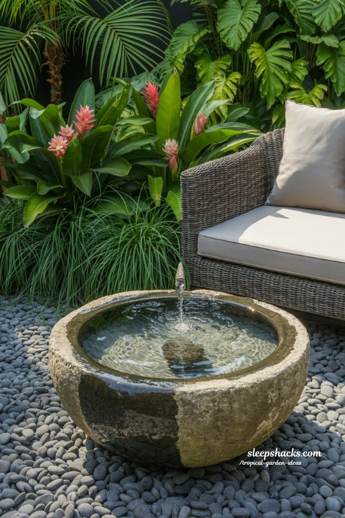 Nighttime Tropical Patio with Hanging Lanterns and Shadow-Casting Ferns