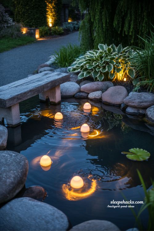 Nighttime backyard pond lighting ideas with warm underwater glow and soft stone accents