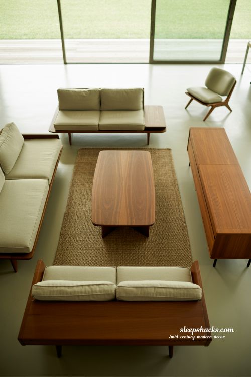 Open mid-century modern decor living room with airy layout and natural flow