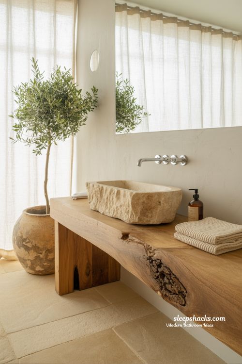 Organic Modern Bathroom Sanctuary with Raw Wood, Natural Stone, and Soft Textures