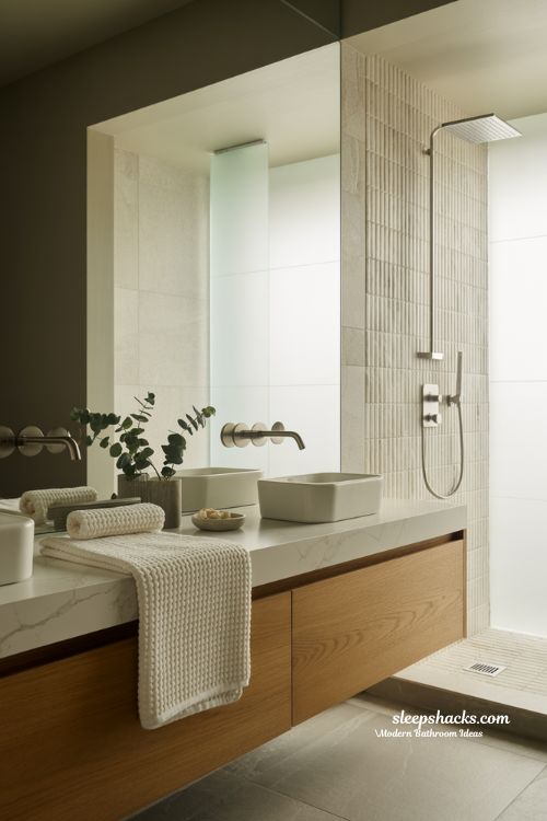 Organic Modern Sanctuary Minimalist Bathroom with Warm Wood Accents and Natural Light