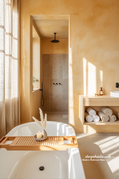 Organic Modern Spa Bathroom with Warm Taupe Tones and Natural Textures