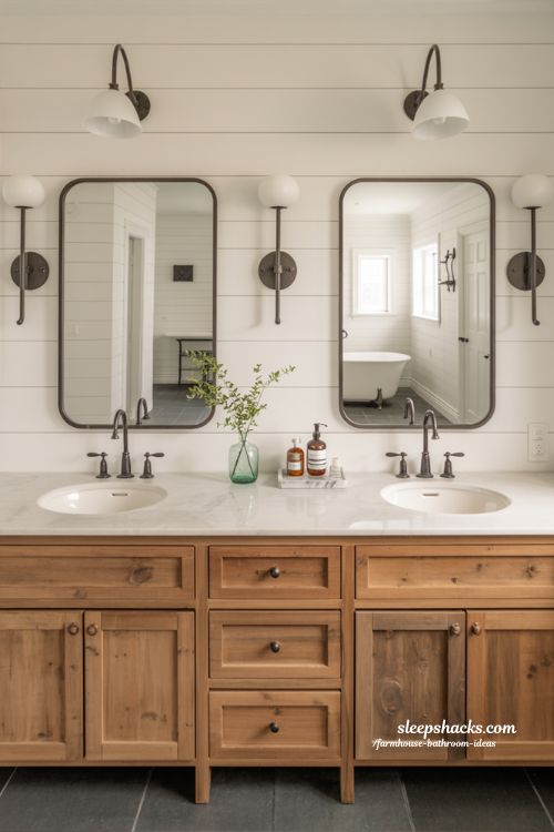 Organized Farmhouse Bathroom with Double Reclaimed Wood Vanity and Black Fixtures