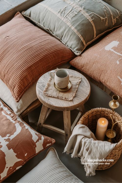 Outdoor covered patio decor ideas using textured cushions and small decorative details for a finished and cozy look