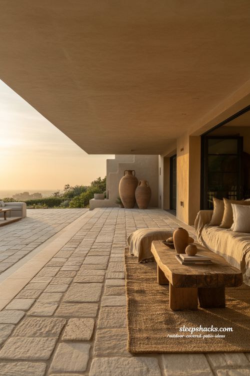 Outdoor covered patio ideas featuring seamless indoor outdoor transitions with natural stone flooring and organic textures