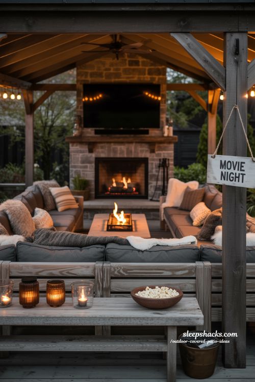 Outdoor covered patio ideas for entertainment with screen and fire pit for casual movie nights and gatherings
