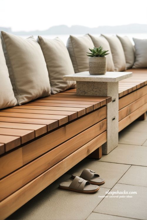 Outdoor covered patio ideas with built in wood storage bench for a clean and clutter free backyard living space