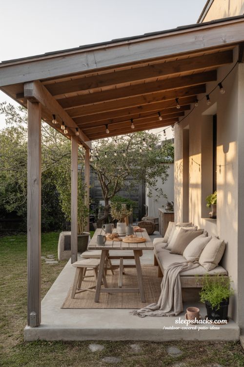 Outdoor covered patio ideas with cozy seating and warm string lights for a welcoming backyard sanctuary.