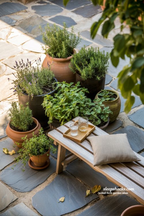 Outdoor patio herb garden corner ideas with terracotta pots on flagstone flooring