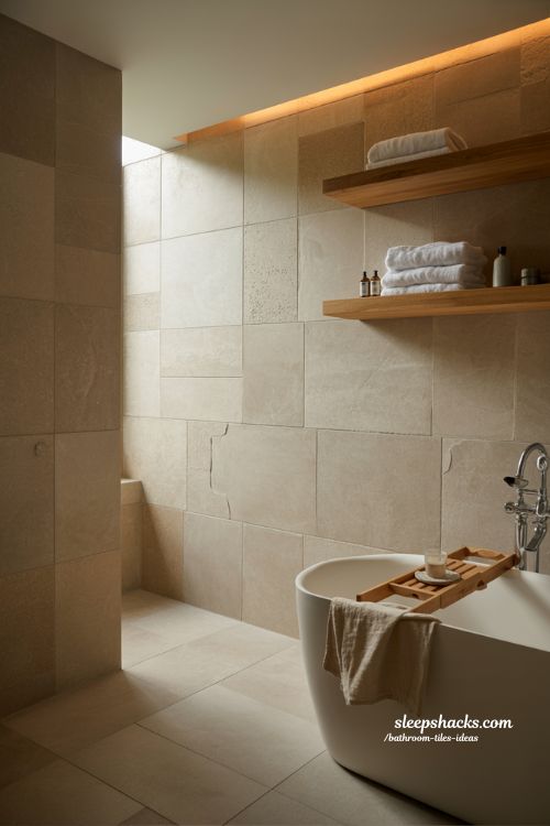 Peaceful Earth Toned Bathroom with Matte Taupe Limestone Tiles and Oak Accents
