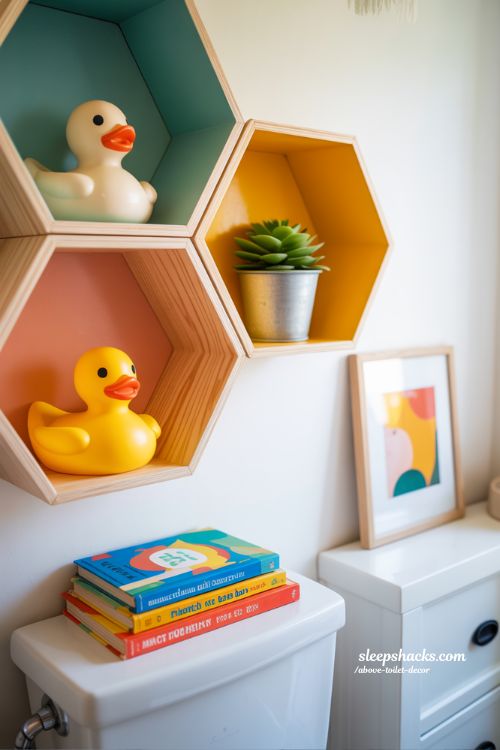 Playful and Colorful Family Bathroom Decor Above Toilet