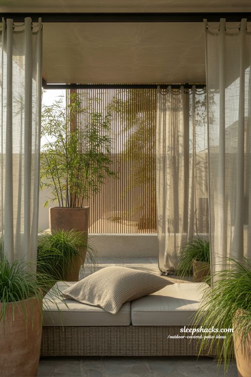 Privacy ideas for outdoor covered patios using sheer curtains and wooden slat screens for a secluded backyard feel