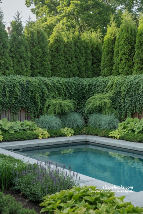 Private Backyard Inground Pool with Lush Multi-Layered Privacy Landscaping