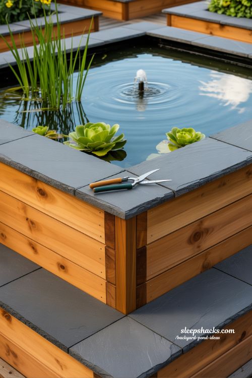 Raised backyard pond ideas with cedar wood and stone ledge for easy maintenance