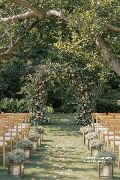 Romantic Garden Wedding Ceremony with Floral Arch and Natural Aisle