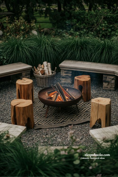 Romantic backyard fire pit ideas with circular stone seating and cozy evening glow