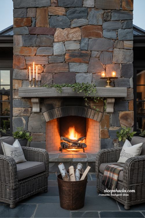 Romantic backyard fireplace wall ideas with stone masonry and cozy outdoor seating for a grounded retreat