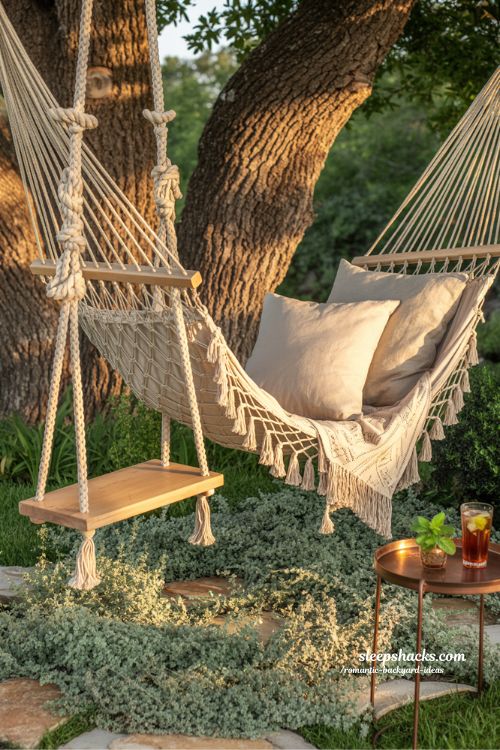 Romantic backyard hammock and swing seat ideas for a cozy and relaxing garden retreat