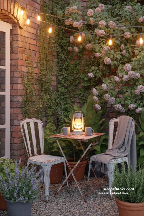 Romantic backyard ideas with cozy seating and warm candle lighting for an intimate garden retreat