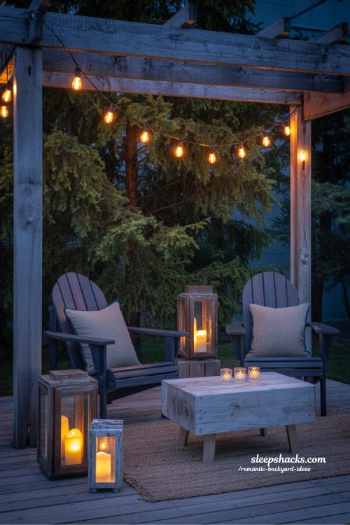 Romantic backyard ideas with layered string lights lanterns and candles for a cozy evening glow