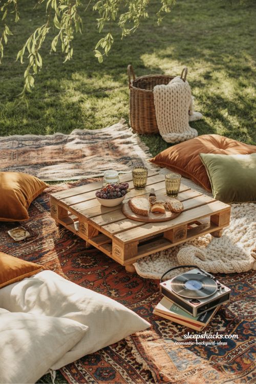 Romantic backyard picnic ideas with floor cushions and low wooden table for a casual garden date