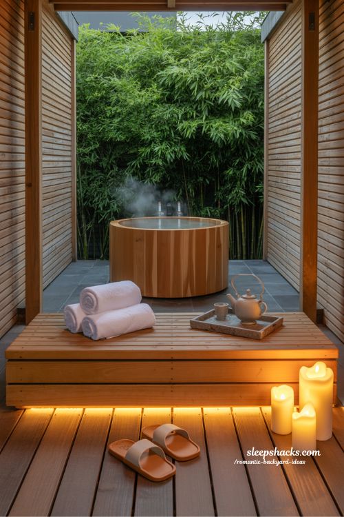 Romantic backyard spa ideas with cedar soaking tub and warm candle lighting for a relaxing garden retreat