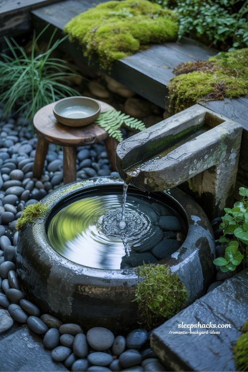 Romantic backyard water feature ideas with stone fountain and mossy garden sanctuary