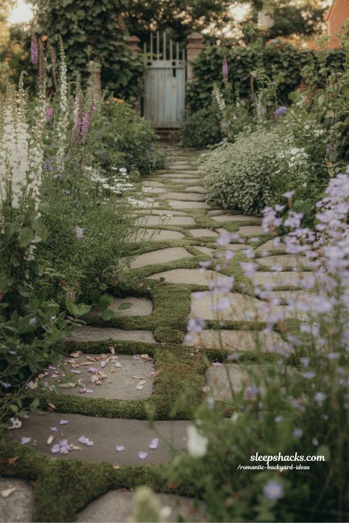 Romantic garden pathway ideas with flower borders and flagstone walkway for a mindful backyard transition