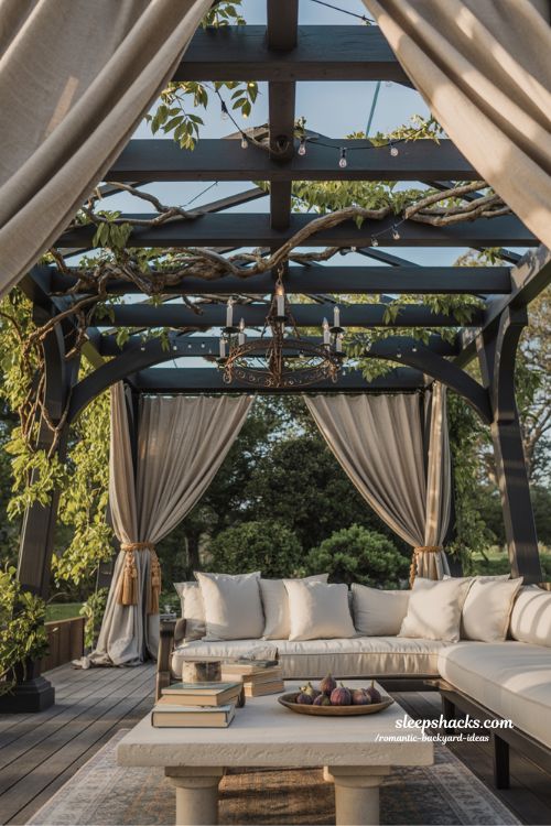 Romantic pergola backyard ideas with outdoor curtains and climbing vines for a private garden room
