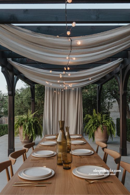 Romantic pergola dining ideas with draped linen fabric and fairy lights for an intimate backyard retreat