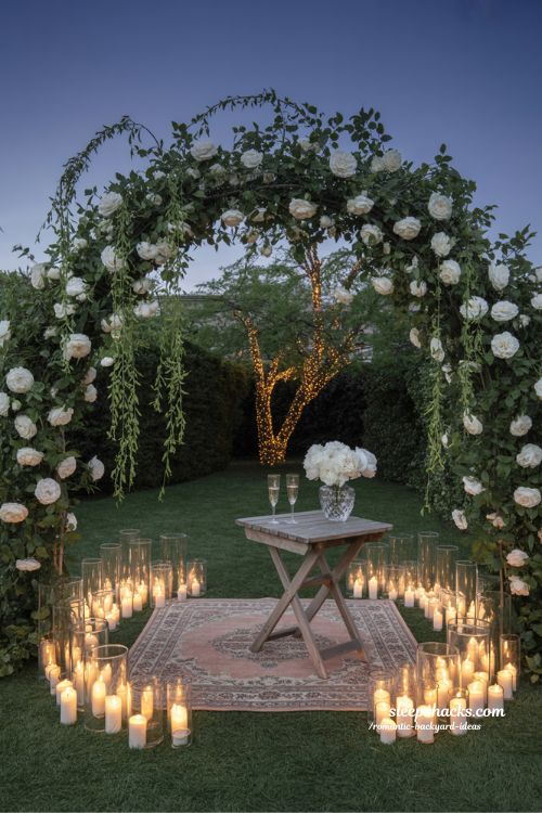 Romantic proposal backyard ideas with candle lighting and vintage rug for a memorable engagement setup