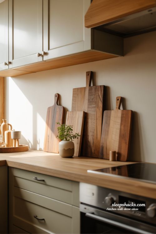 Rustic Cutting Boards Above Kitchen Cabinets Adding Warm Natural Texture to Cozy Kitchen Decor