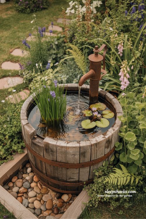Rustic DIY wooden barrel water feature with floating plants and copper pump in a cottage garden creating a peaceful farmhouse atmosphere.