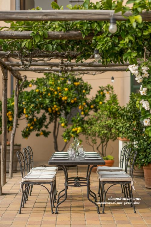 Rustic Mediterranean Al Fresco Dining Area with Wrought Iron Furniture and Grapevine Canopy