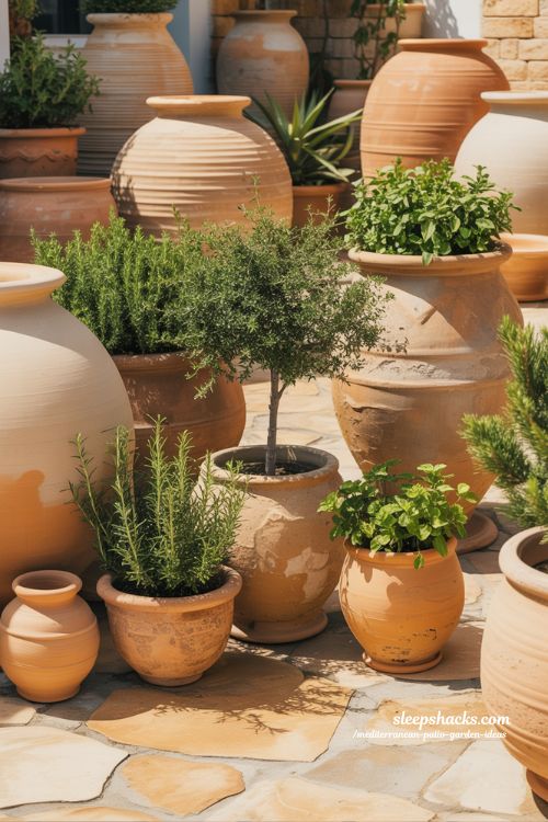 Rustic Mediterranean Terracotta Patio with Layered Herb Garden Clusters