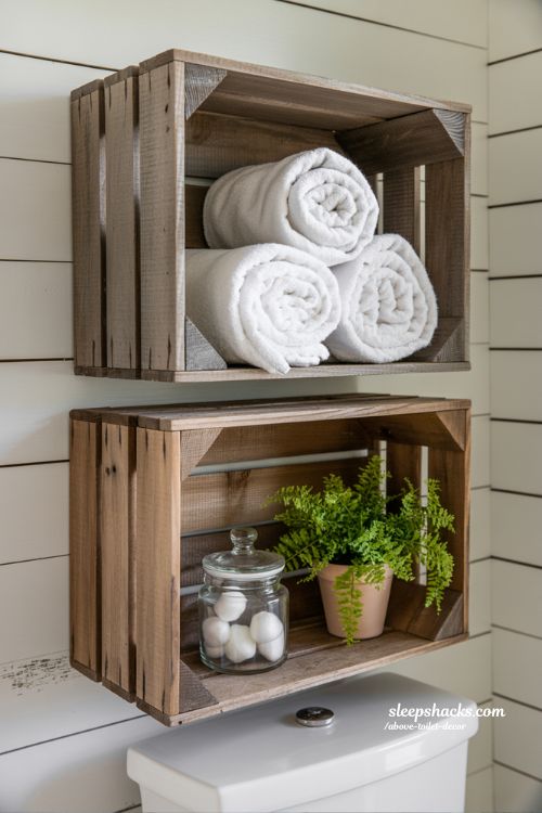 Rustic Reclaimed Wood Crate Shelving Above Toilet for Farmhouse Decor