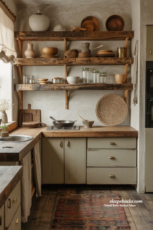 Rustic Small Boho Kitchen with Reclaimed Wood and Earthy Textures