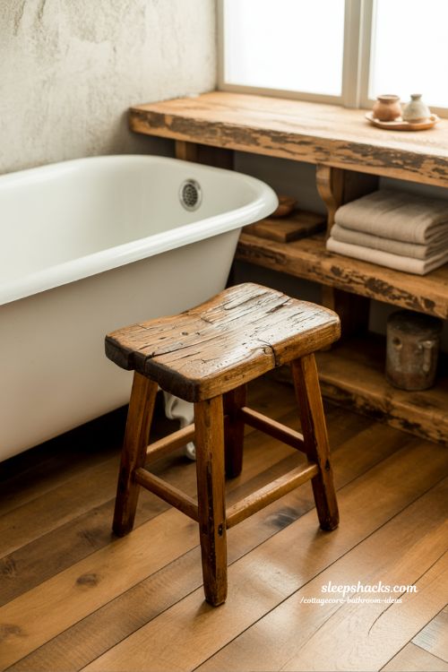 Rustic Wooden Furniture and Character-Rich Decor for Cottagecore Bathrooms