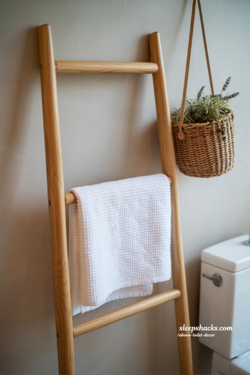 Rustic Wooden Ladder Shelf Above Toilet for Farmhouse Bathroom Storage