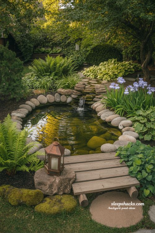 Rustic backyard pond design with natural stone edges and a small waterfall.
