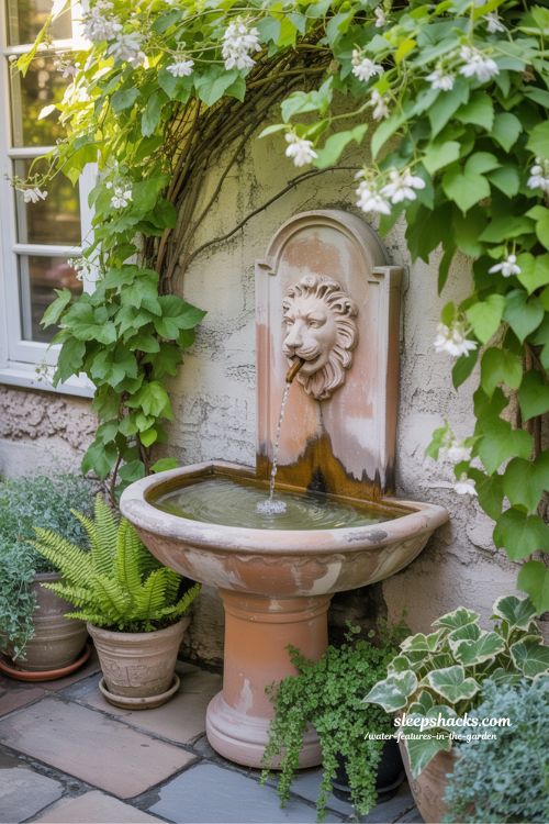 Rustic wall mounted terracotta fountain with climbing jasmine plants on a textured stone garden wall.