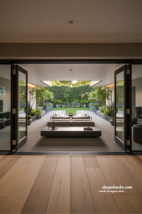 Seamless indoor outdoor living design featuring a level threshold deck and matching furniture to make a small backyard feel larger