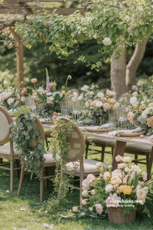 Seasonal Floral Garden Party Wedding Table with Romantic Cascading Blooms