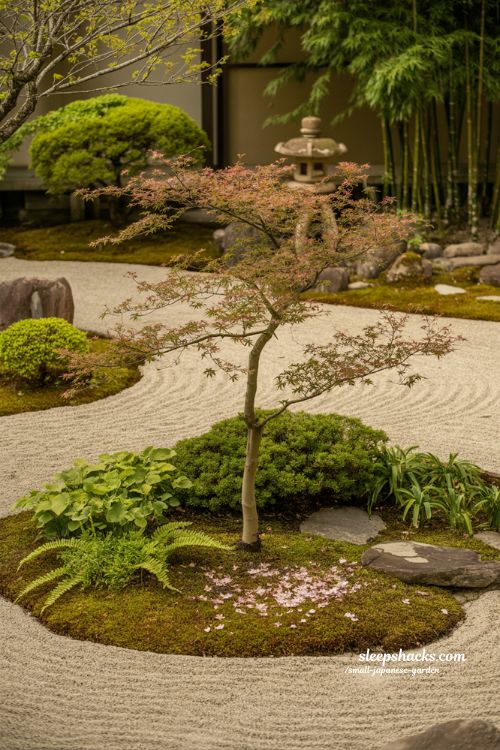 Seasonal plant ideas for small japanese garden design with maple cherry blossom moss and zen gravel path