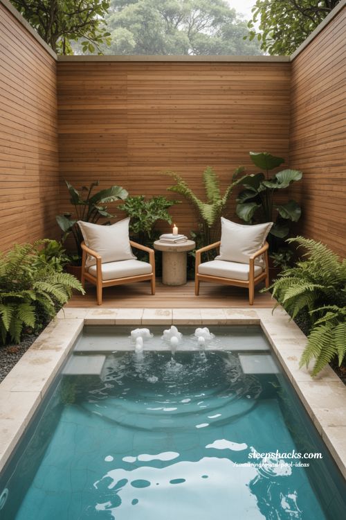 Secluded Spa-Inspired Small Inground Pool with Cedar Decking and Gentle Hydrotherapy Jets