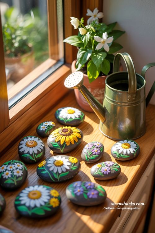 Serene Garden Inspired Floral Hand Painted Stones for Sunlit Interiors