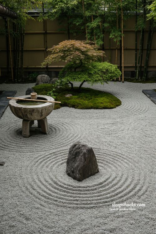 Serene Zen Gravel Garden with Raked Patterns and Japanese Maple
