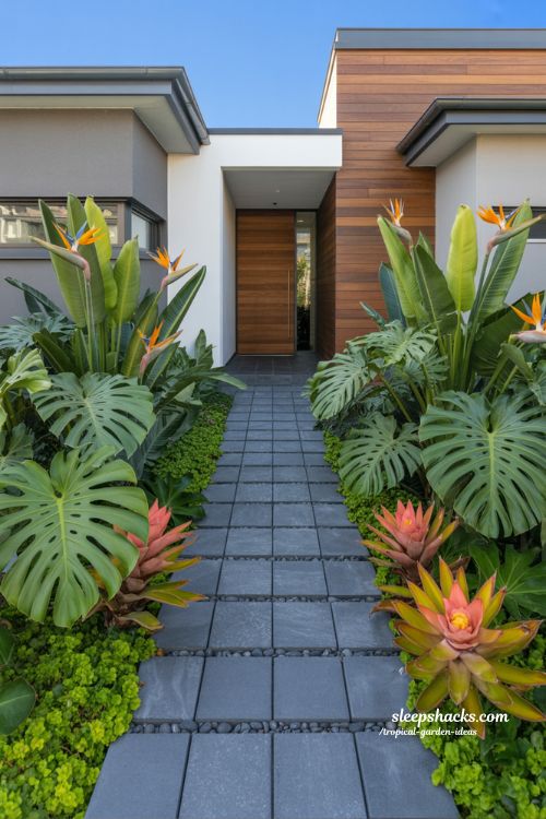 Shady Tropical Side Yard Retreat with Mossy Paths and Hanging Basket Displays
